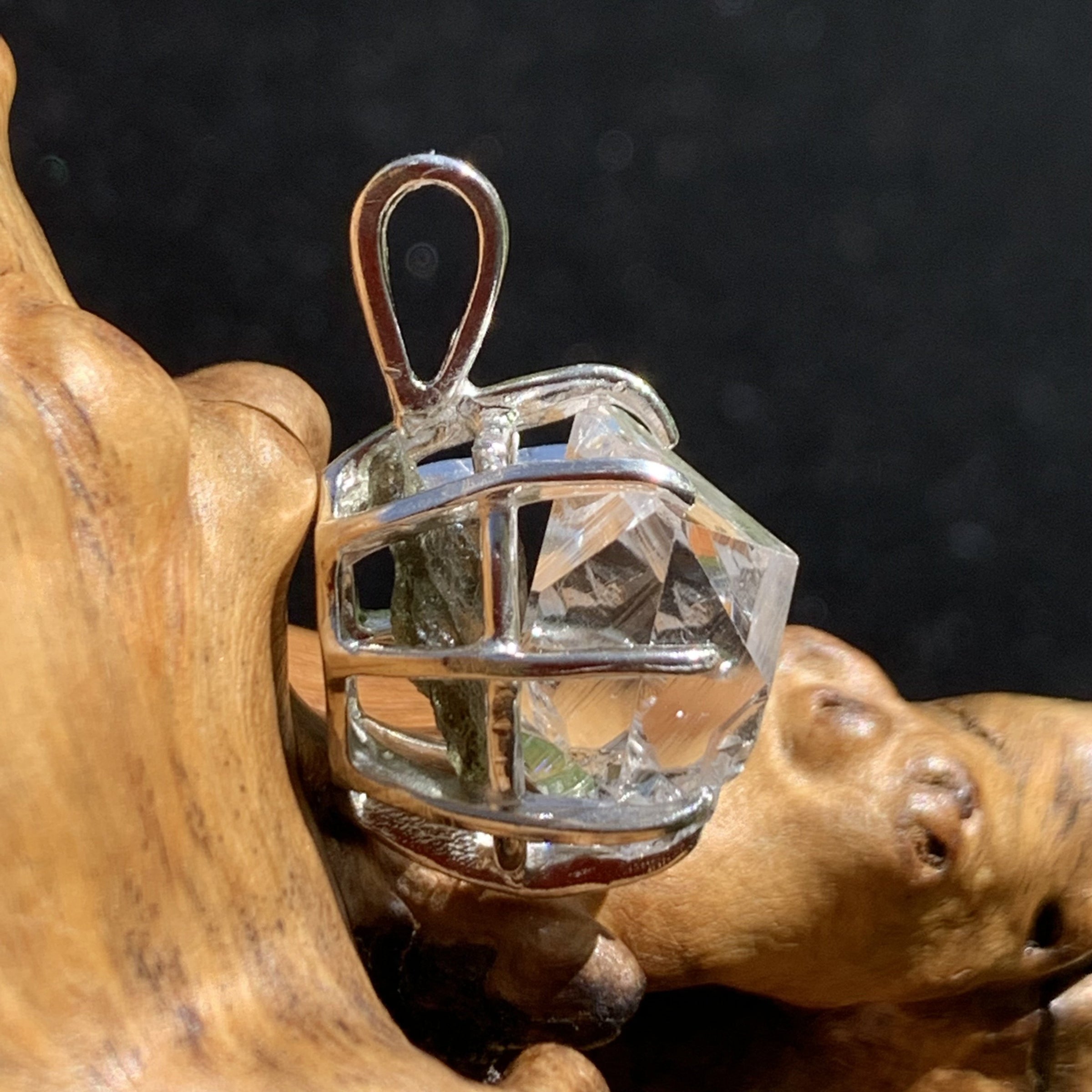 Herkimer Diamond Moldavite Basket Pendant Silver-Moldavite Life