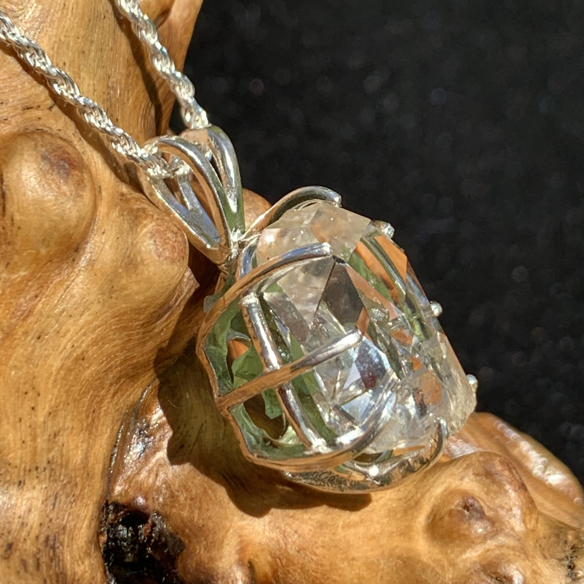 Herkimer Diamond Moldavite Basket Pendant Silver-Moldavite Life