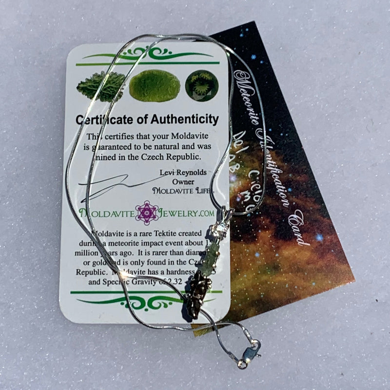 sterling silver pendant necklace with Herkimer diamond, moldavite, and campo del cielo meteorite sits with a moldavite life certificate of authenticity and meteorite identification card