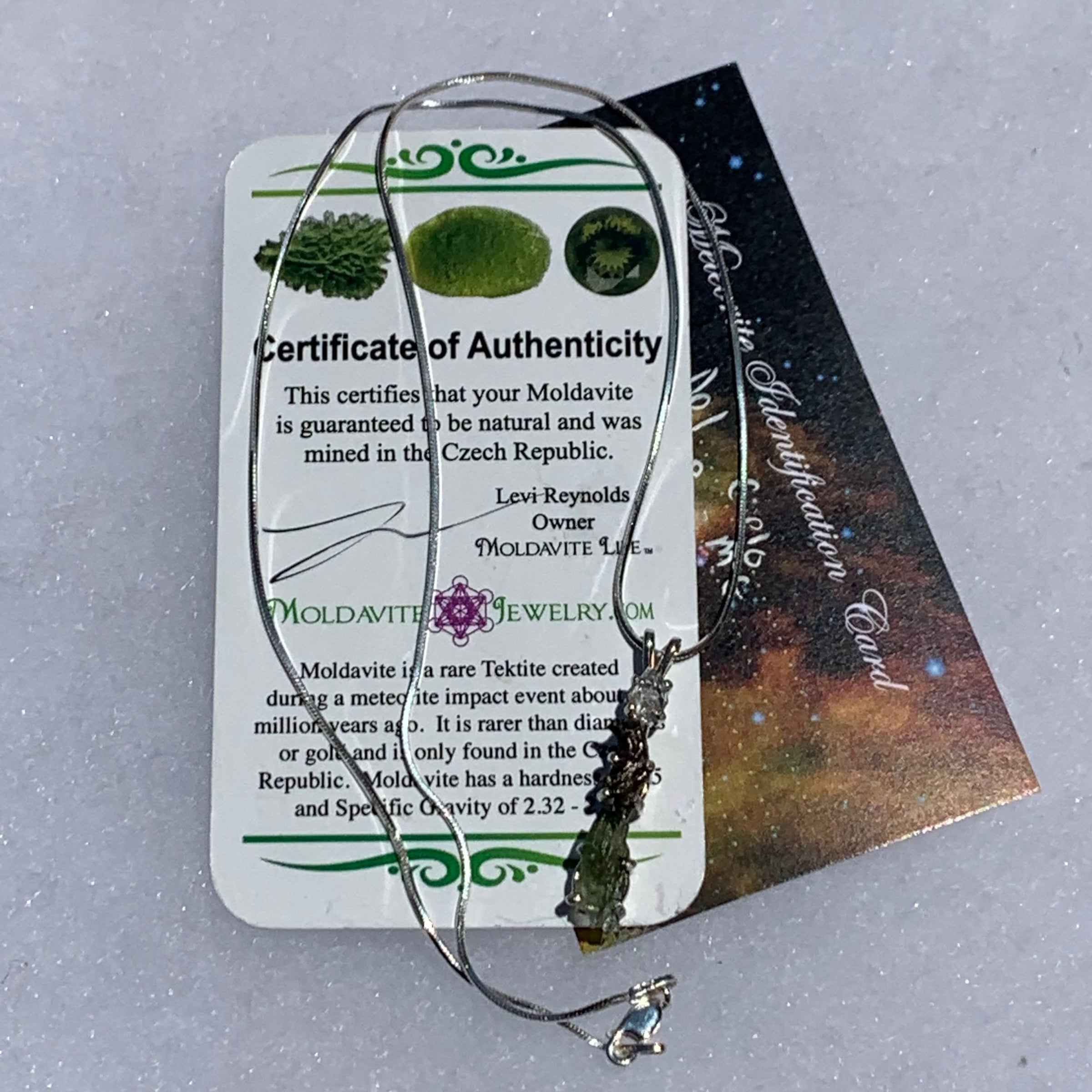 sterling silver pendant necklace with Herkimer diamond, moldavite, and campo del cielo meteorite sits with a moldavite life certificate of authenticity and meteorite identification card