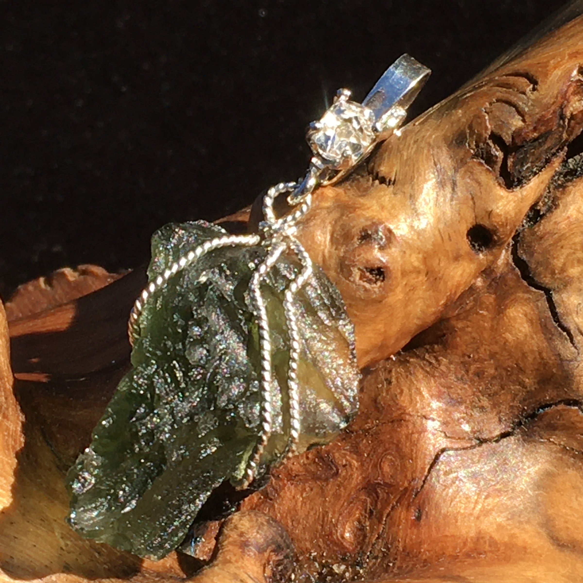 Moldavite Herkimer Diamond Silver Wire Wrapped Pendant-Moldavite Life