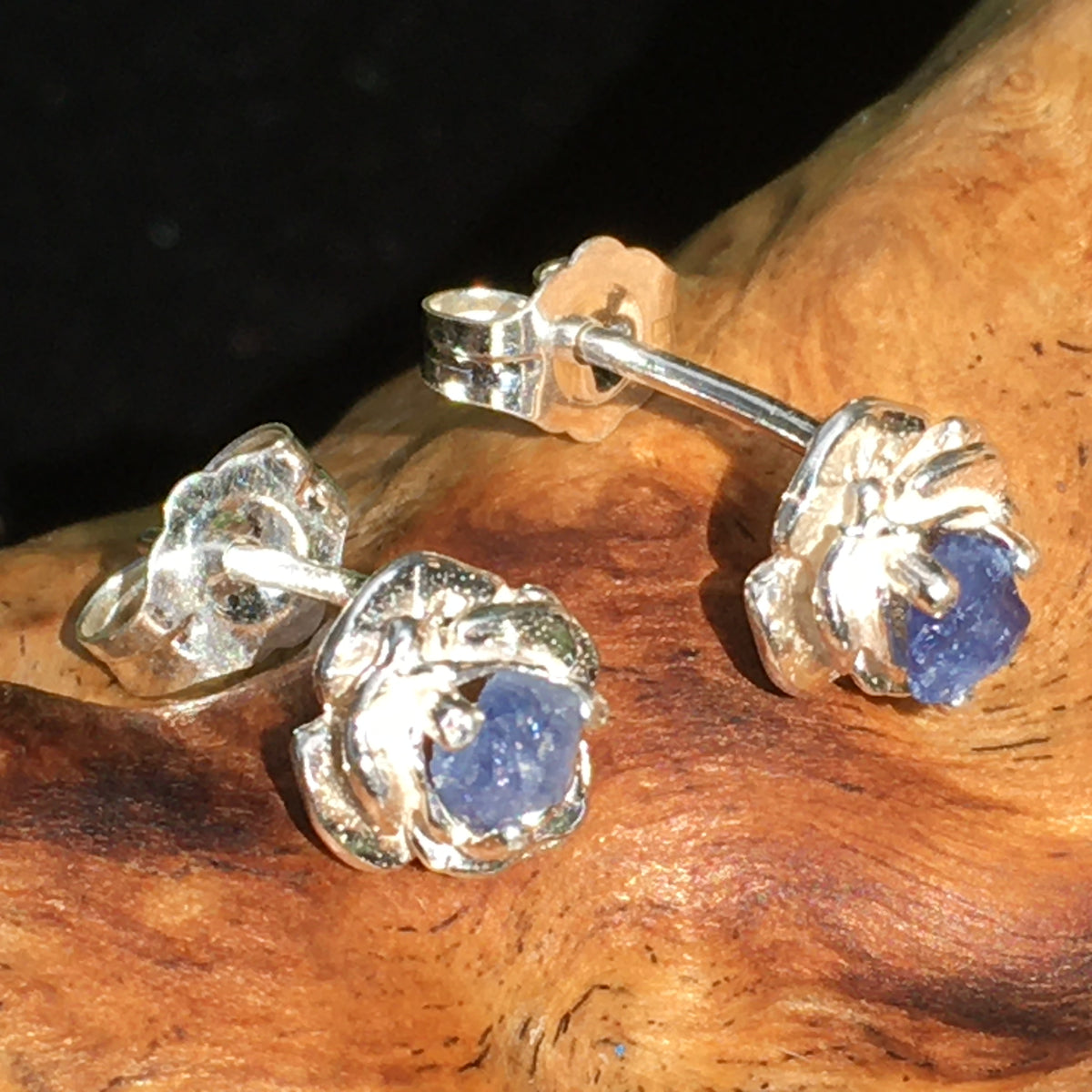 Blue Rose Benitoite Stud Earrings Sterling Silver San Benito-Moldavite Life