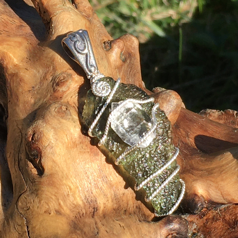 Moldavite Herkimer Diamond Crystal Silver Wire Pendant-Moldavite Life