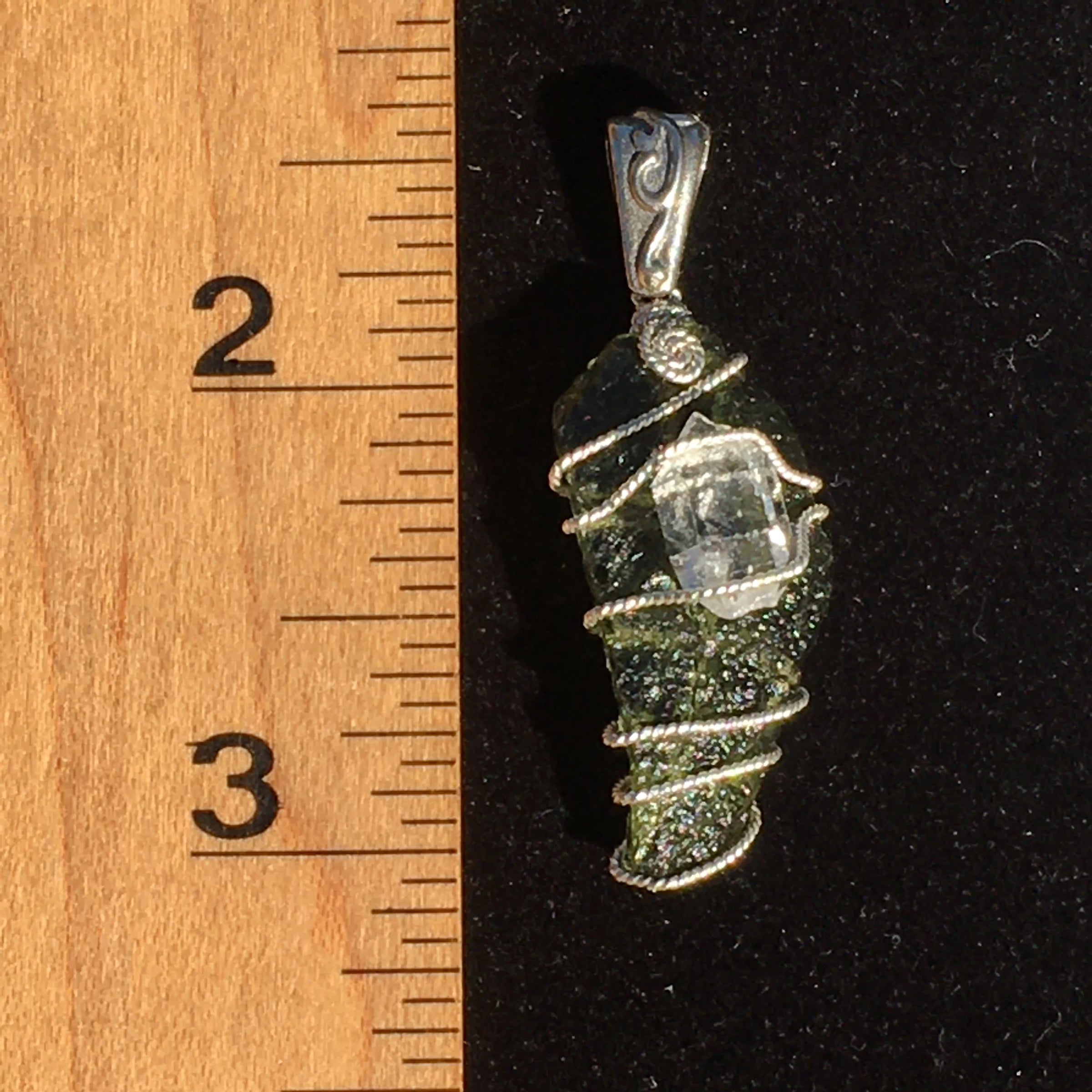 Moldavite Herkimer Diamond Crystal Silver Wire Pendant-Moldavite Life