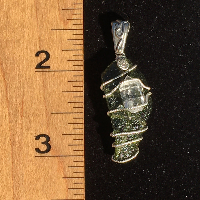 Moldavite Herkimer Diamond Crystal Silver Wire Pendant-Moldavite Life