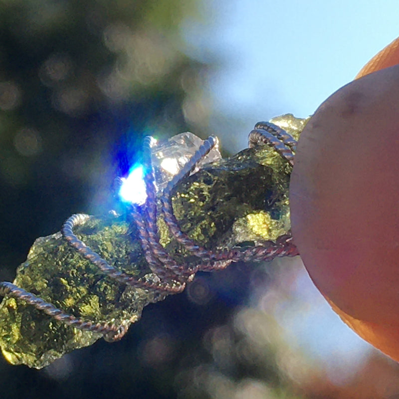 Moldavite Herkimer Diamond Crystal Silver Wire Pendant-Moldavite Life