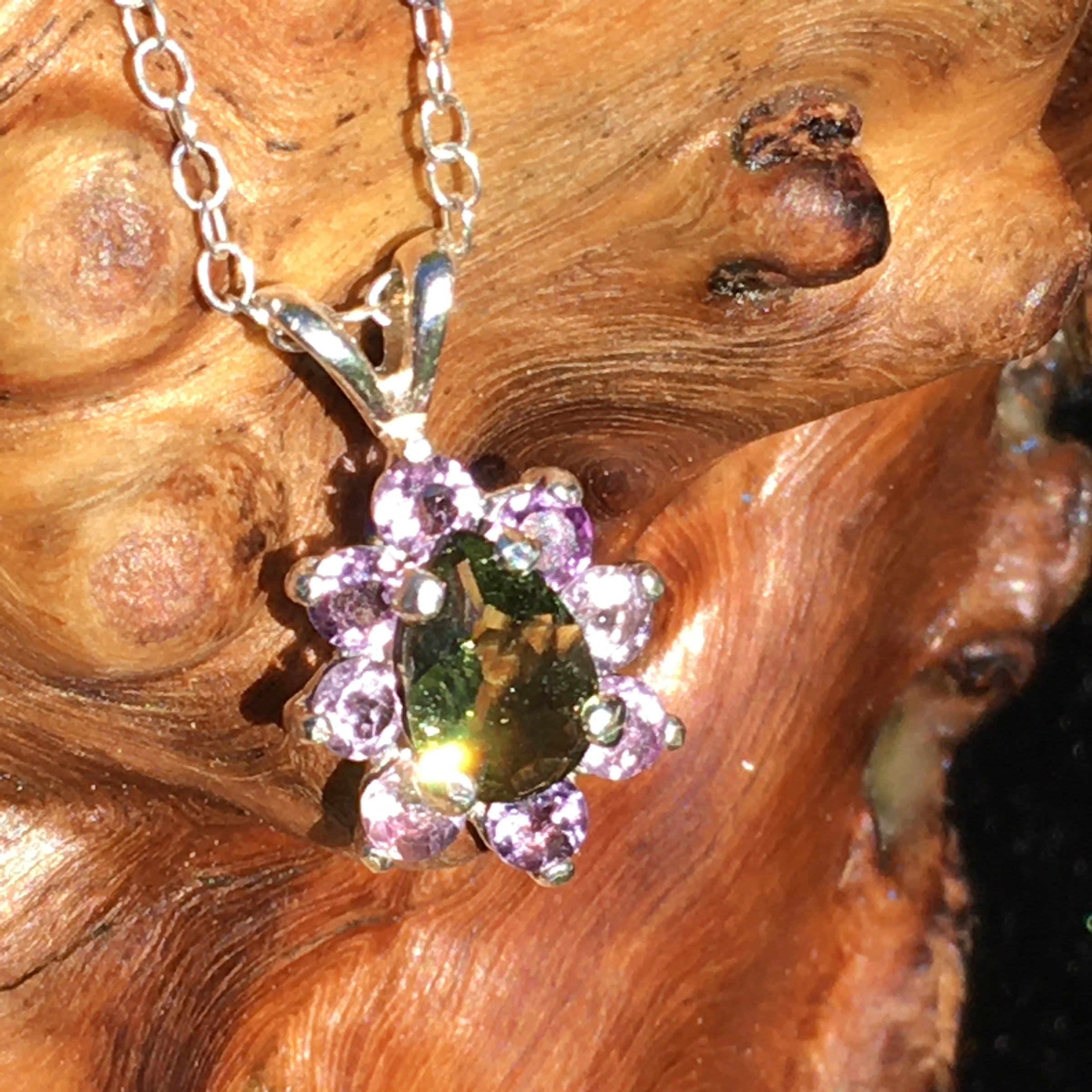 Moldavite Amethyst Faceted Flower Necklace Certified