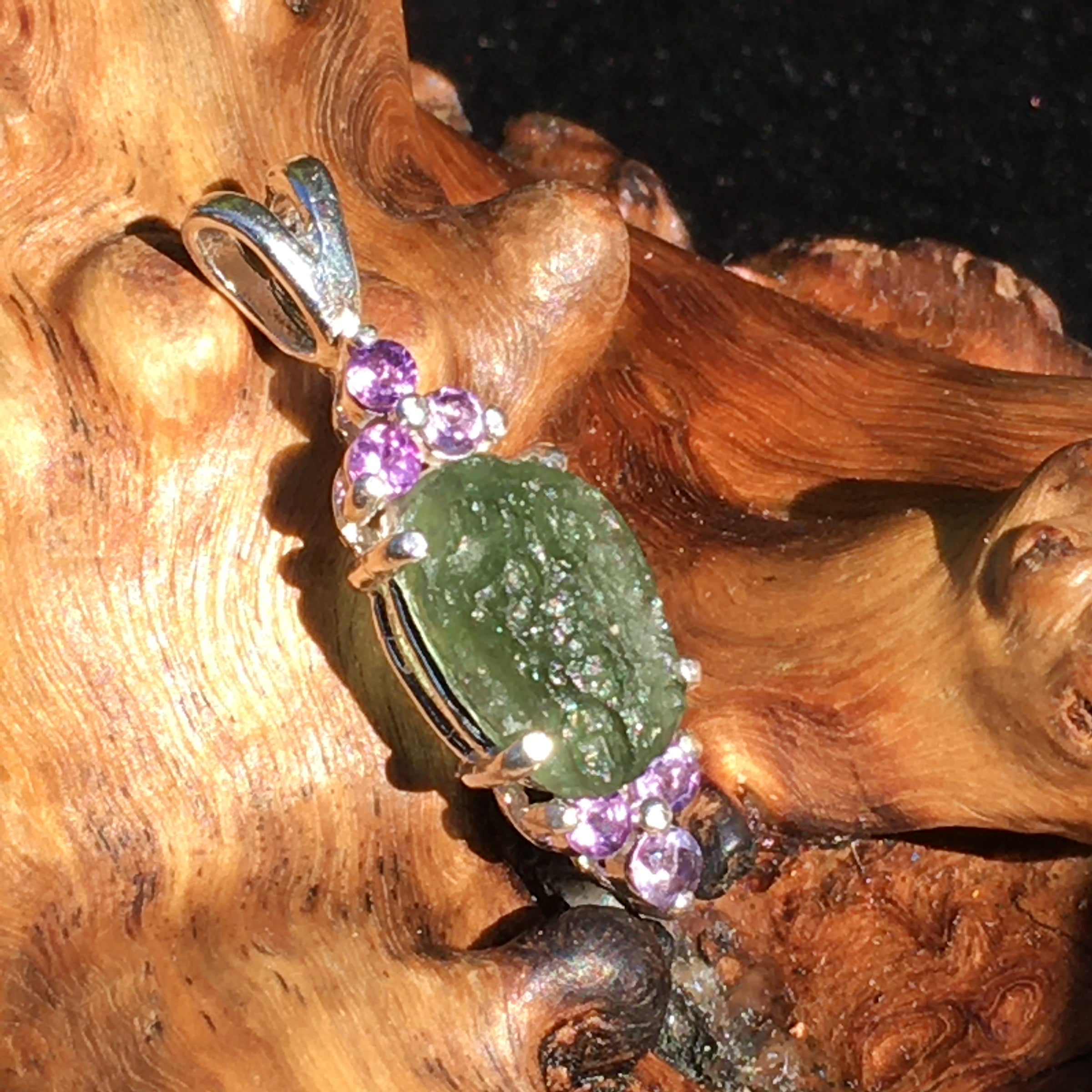 Raw Moldavite Faceted Amethyst Sterling Silver Pendant