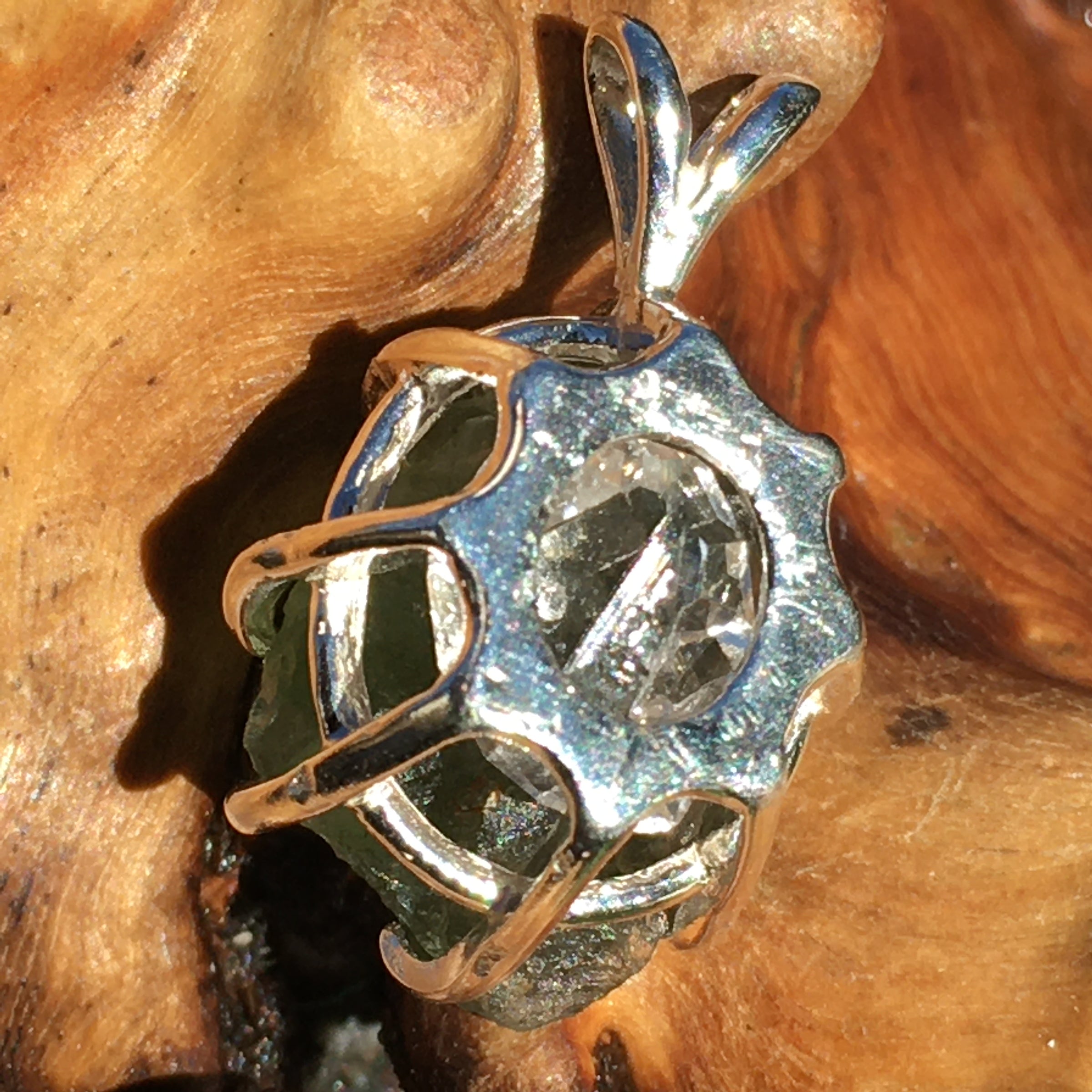 Moldavite Herkimer Diamond Basket Pendant Silver-Moldavite Life