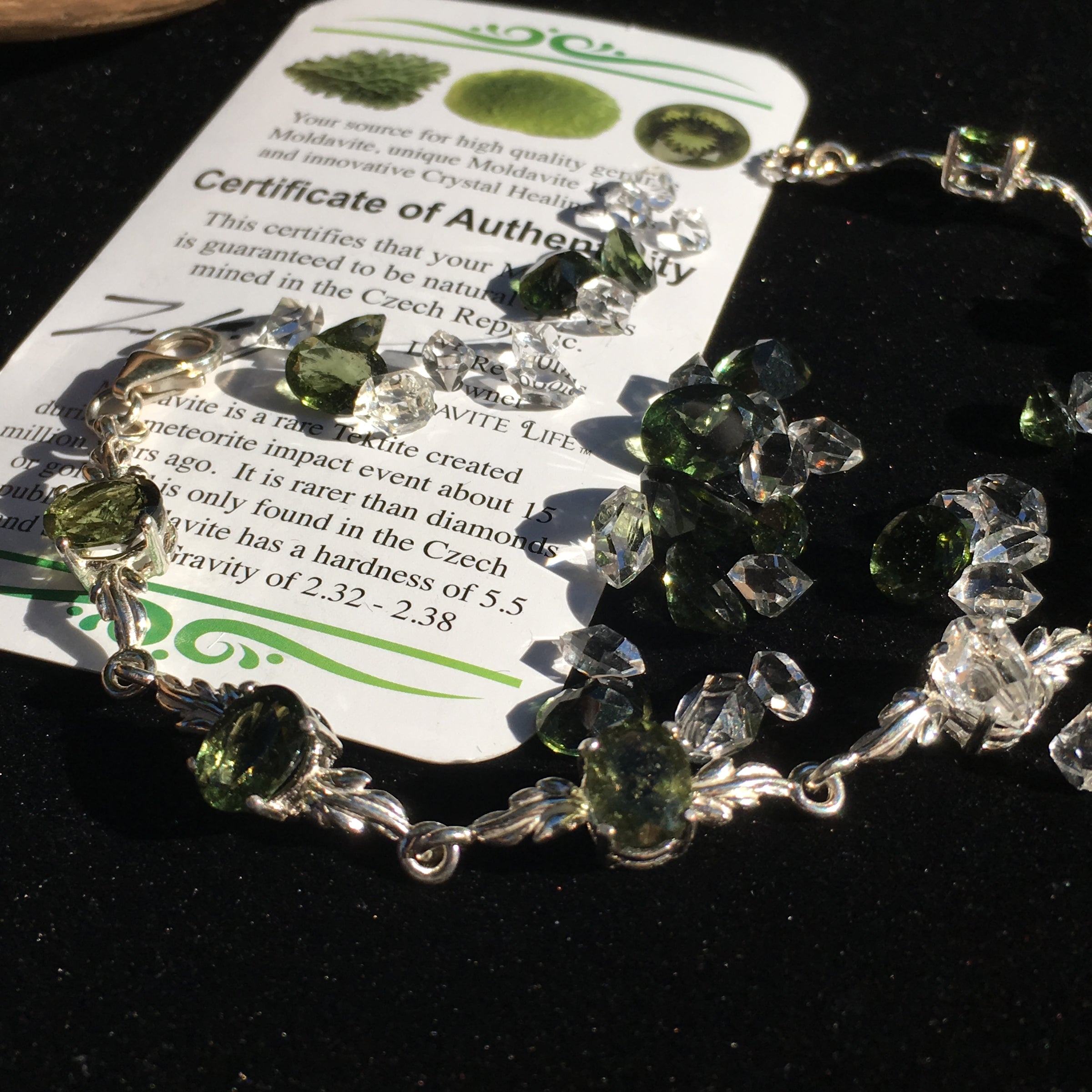 Stunning Moldavite Herkimer Diamond Bracelet Sterling Silver-Moldavite Life