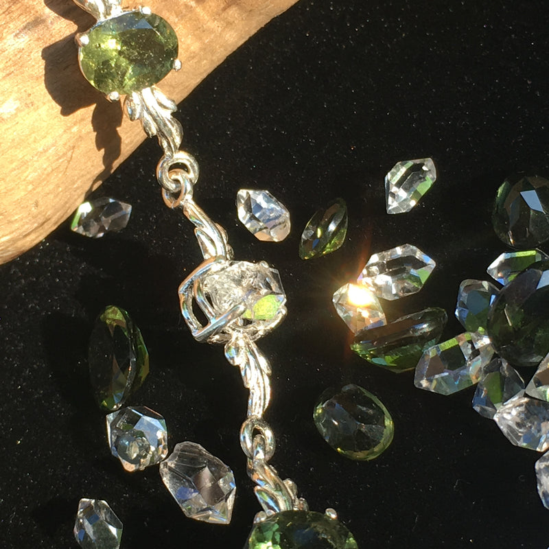 Stunning Moldavite Herkimer Diamond Bracelet Sterling Silver-Moldavite Life