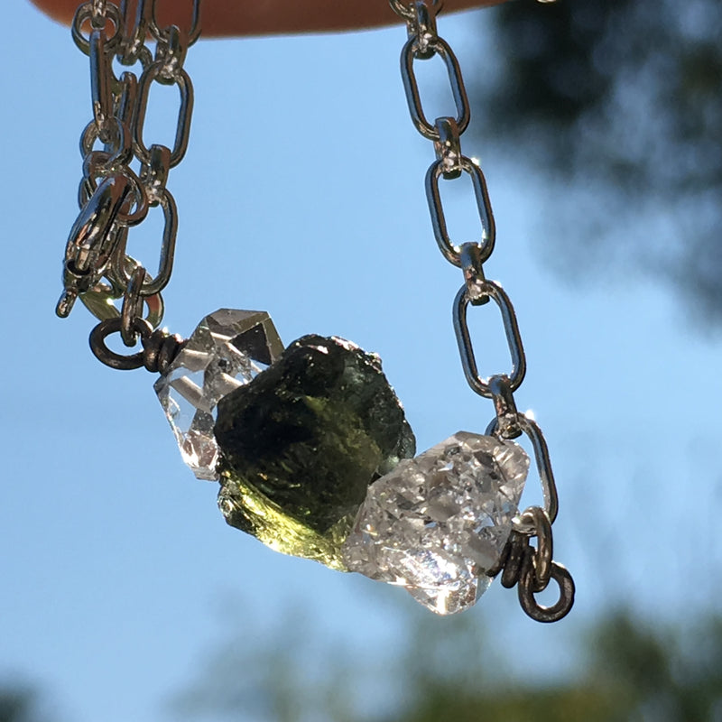 Moldavite Herkimer Diamond Sterling Silver Bead Necklace-Moldavite Life