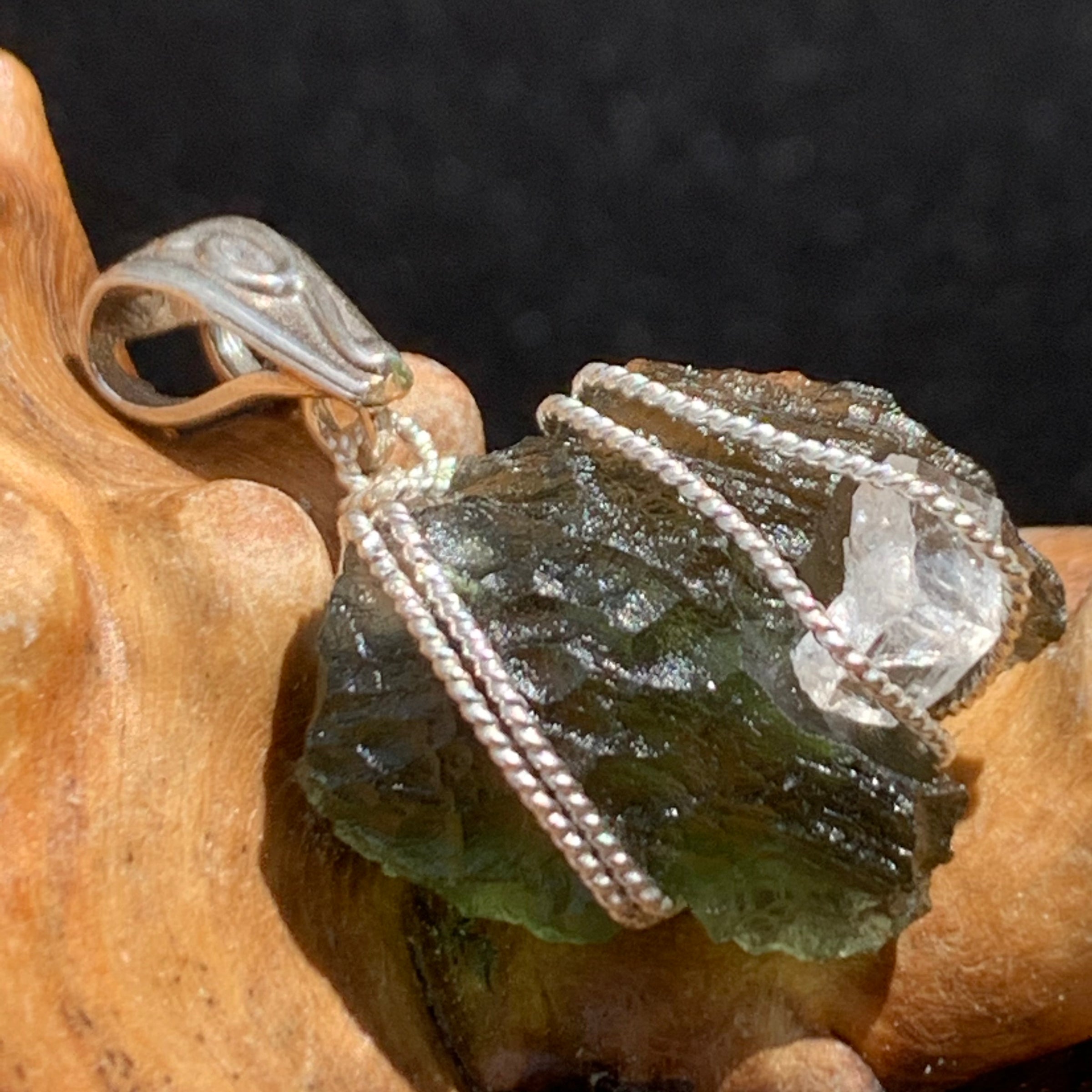 Moldavite Phenacite Herkimer Diamond Silver Wire Wrapped Pendant Raw Natural