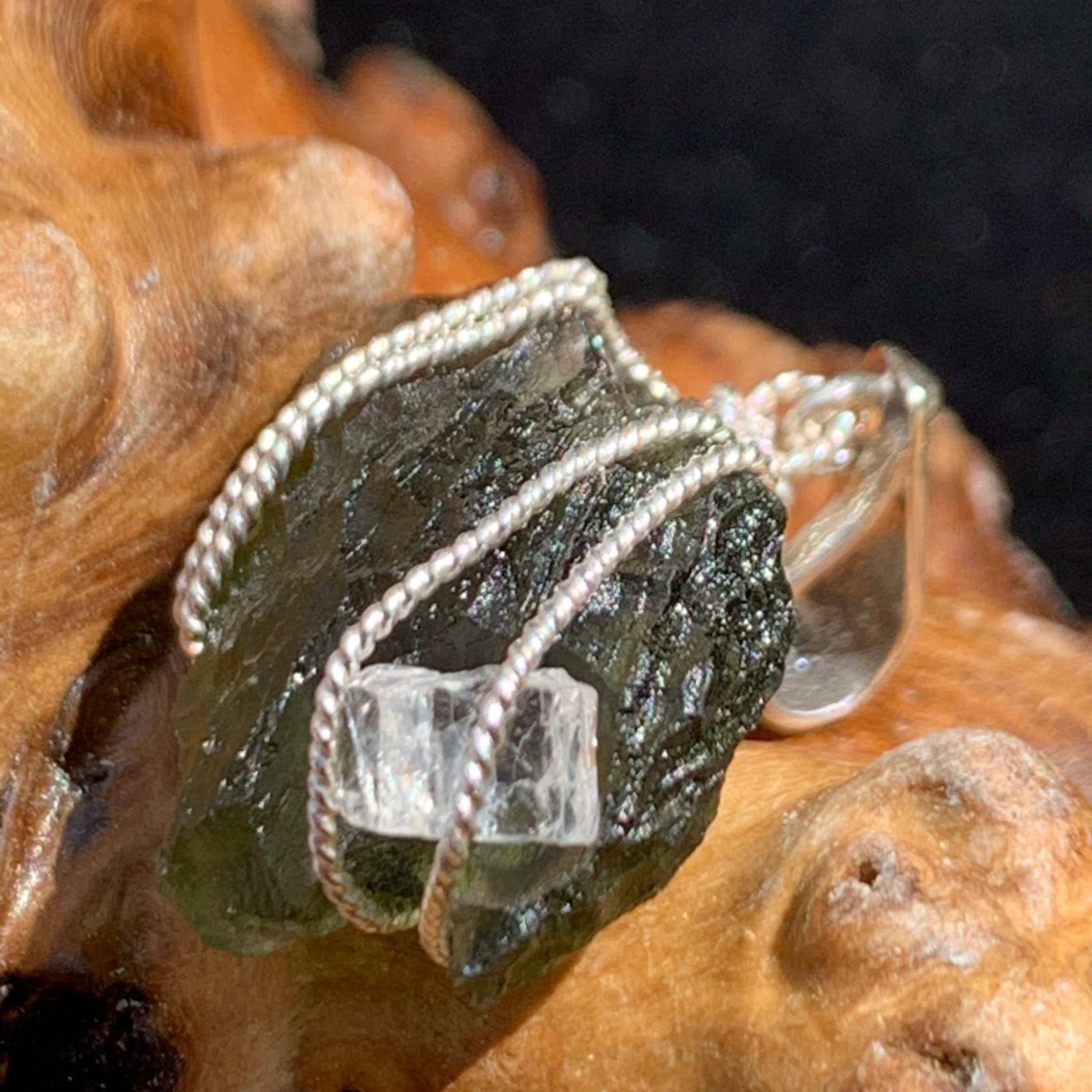 Moldavite Phenacite Herkimer Diamond Silver Wire Wrapped Pendant Raw Natural