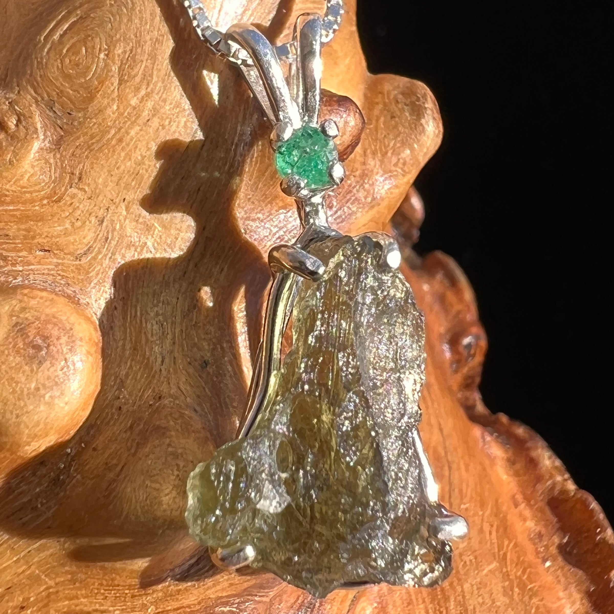 Raw Moldavite & Faceted Emerald Necklace Sterling #3197