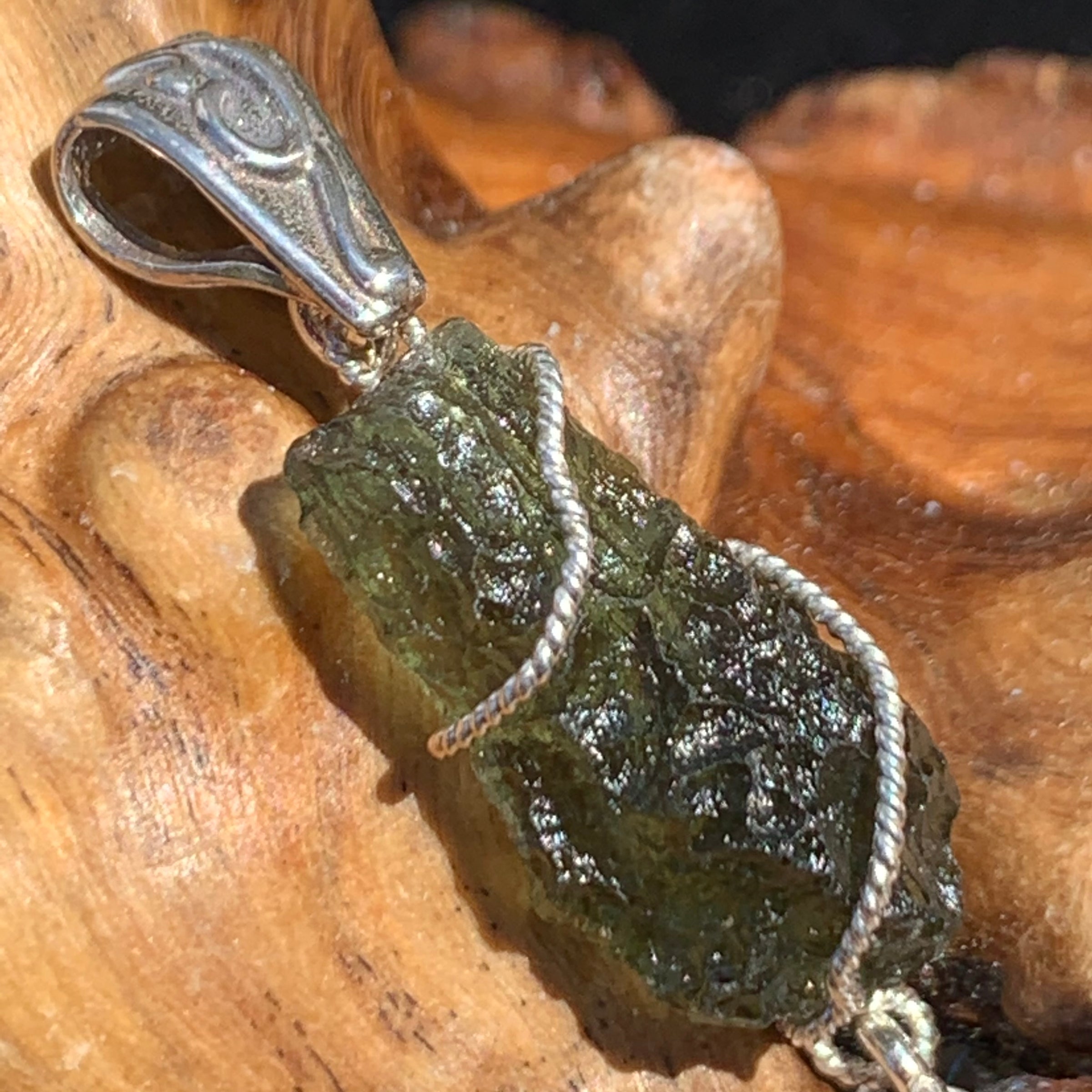 Moldavite Phenacite Silver Wire Wrapped Pendant Natural Certified