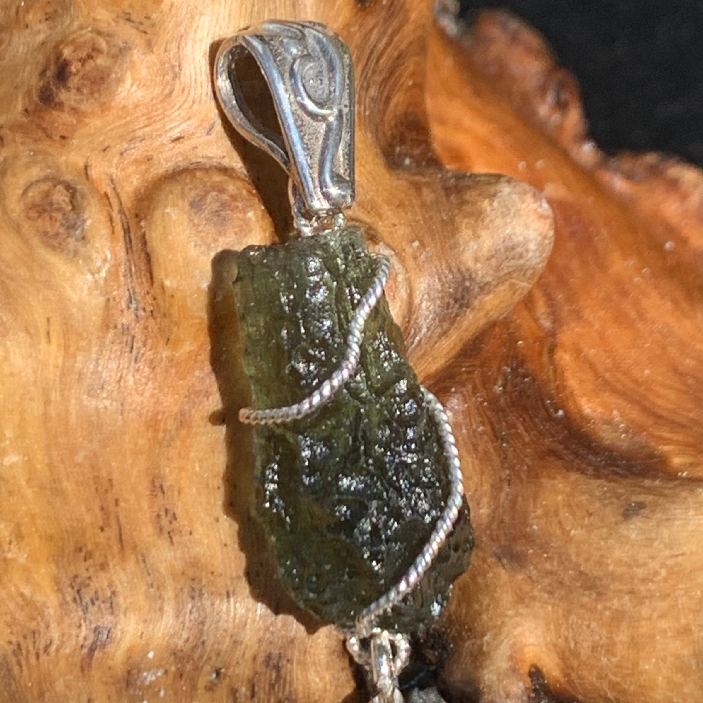 Moldavite Phenacite Silver Wire Wrapped Pendant Natural Certified