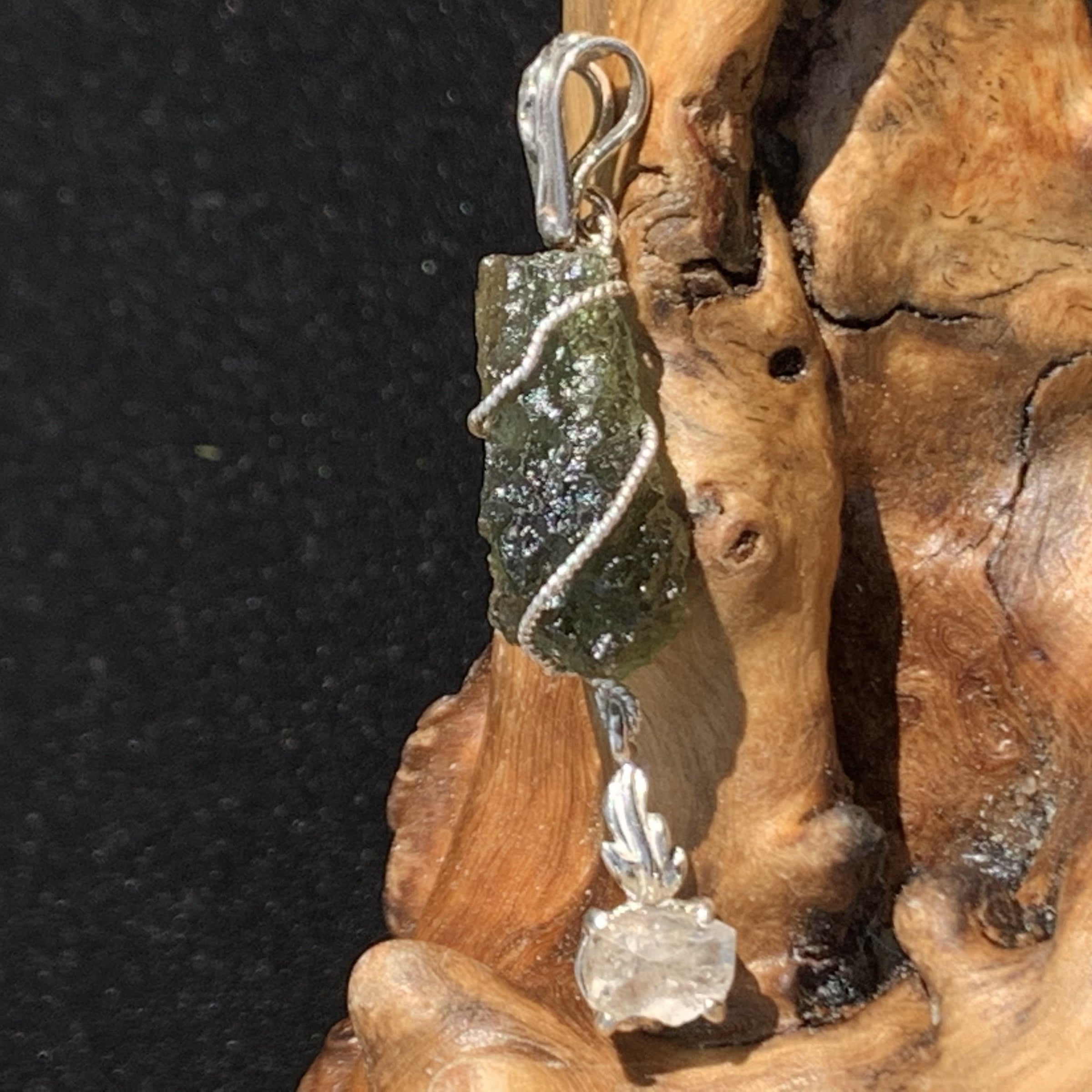 Moldavite Phenacite Silver Wire Wrapped Pendant Natural Certified