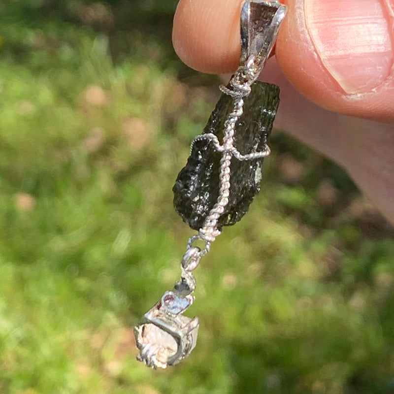 Moldavite Phenacite Silver Wire Wrapped Pendant Natural Certified