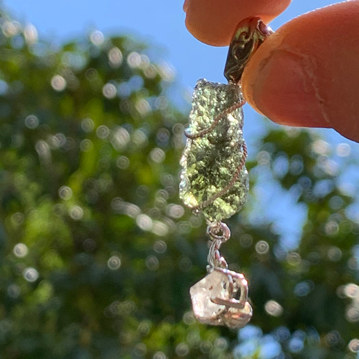 Moldavite Phenacite Silver Wire Wrapped Pendant Natural Certified