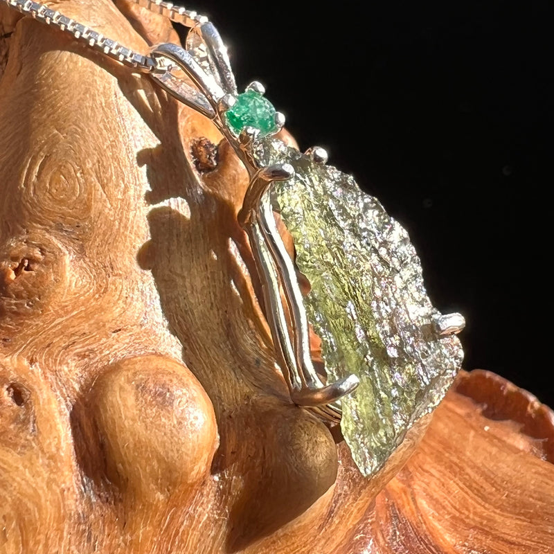 Raw Moldavite & Faceted Emerald Necklace Sterling #3198