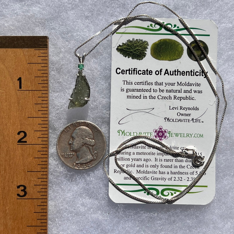 Raw Moldavite & Faceted Emerald Necklace Sterling #3198