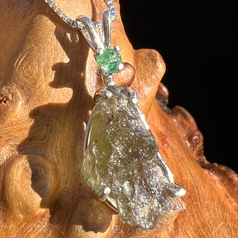 Raw Moldavite & Faceted Emerald Necklace Sterling #3199