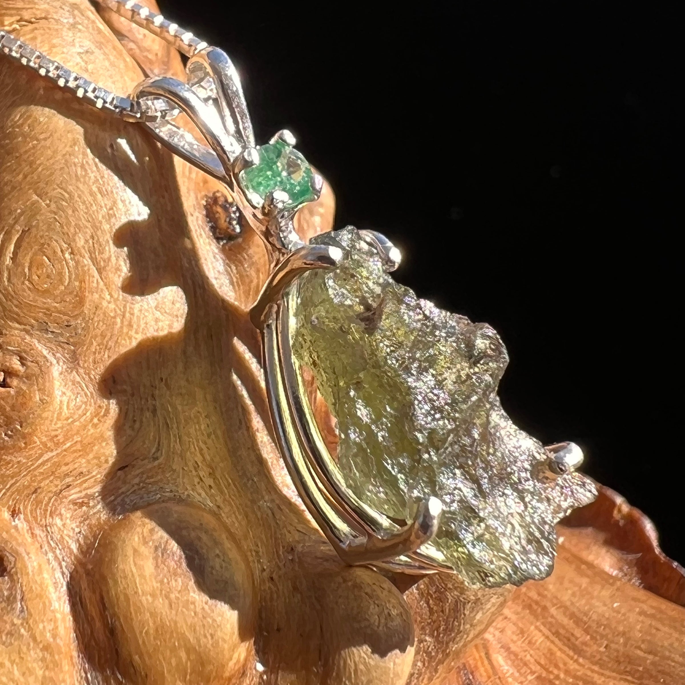 Raw Moldavite & Faceted Emerald Necklace Sterling #3199
