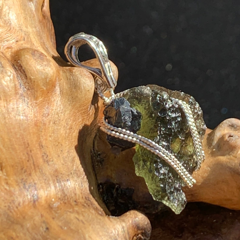 Moldavite Brookite Silver Wire Wrapped Pendant Raw Natural Genuine