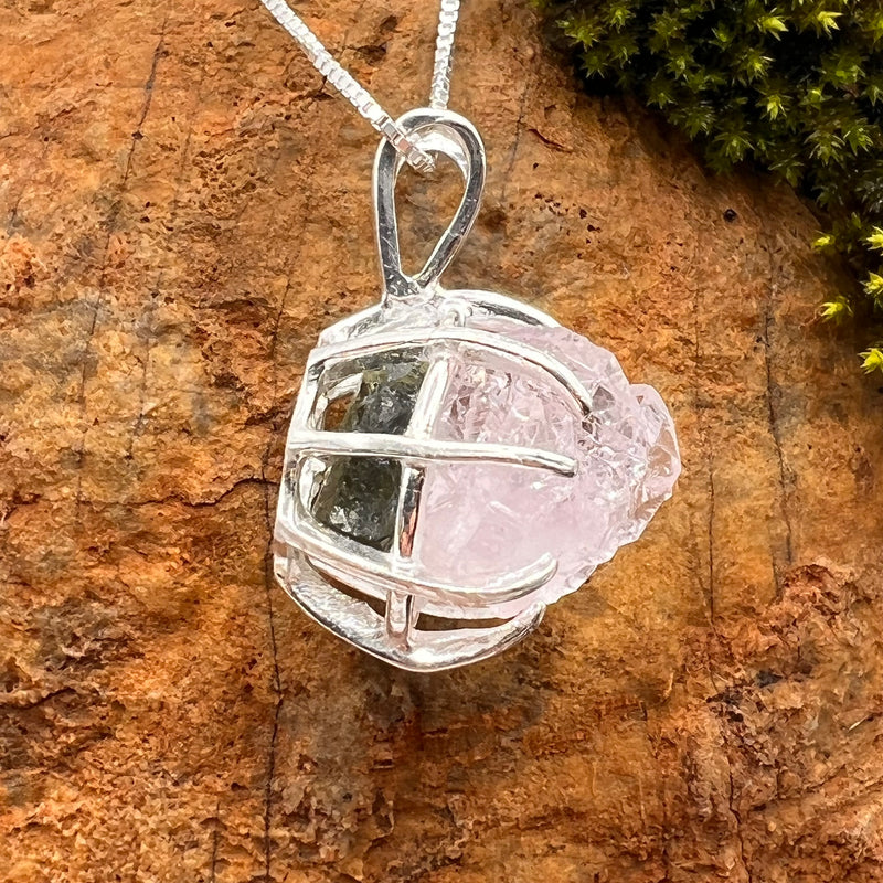 Crystallized Rose Quartz & Moldavite Necklace Sterling #1