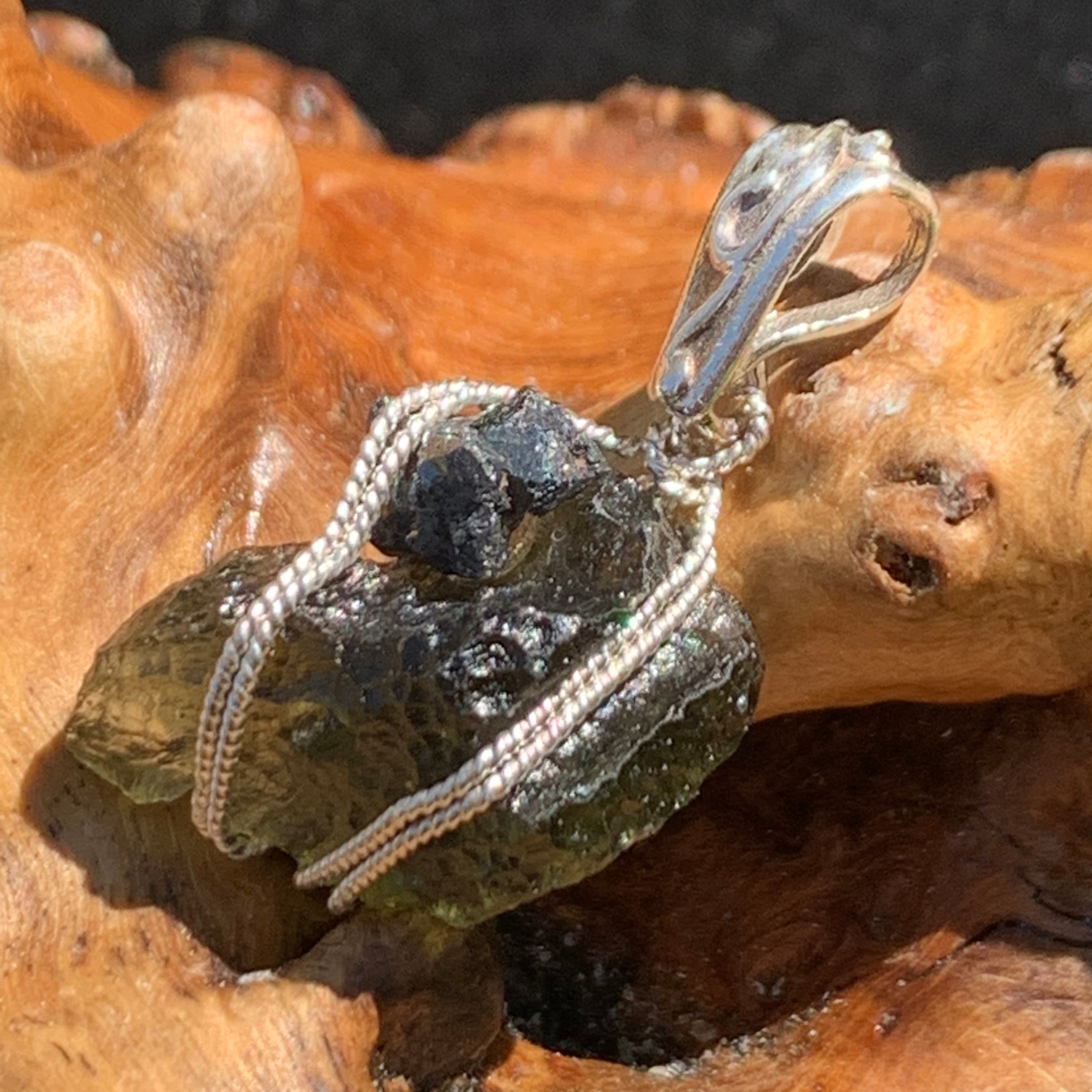 Moldavite Brookite Silver Wire Wrapped Pendant Raw Natural Genuine