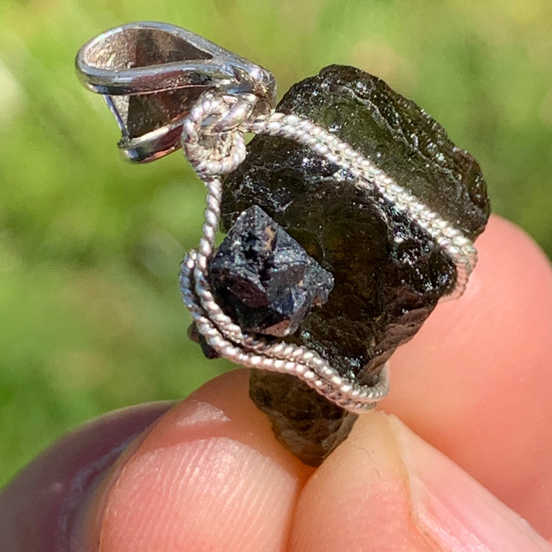 Moldavite Brookite Silver Wire Wrapped Pendant Raw Natural Genuine