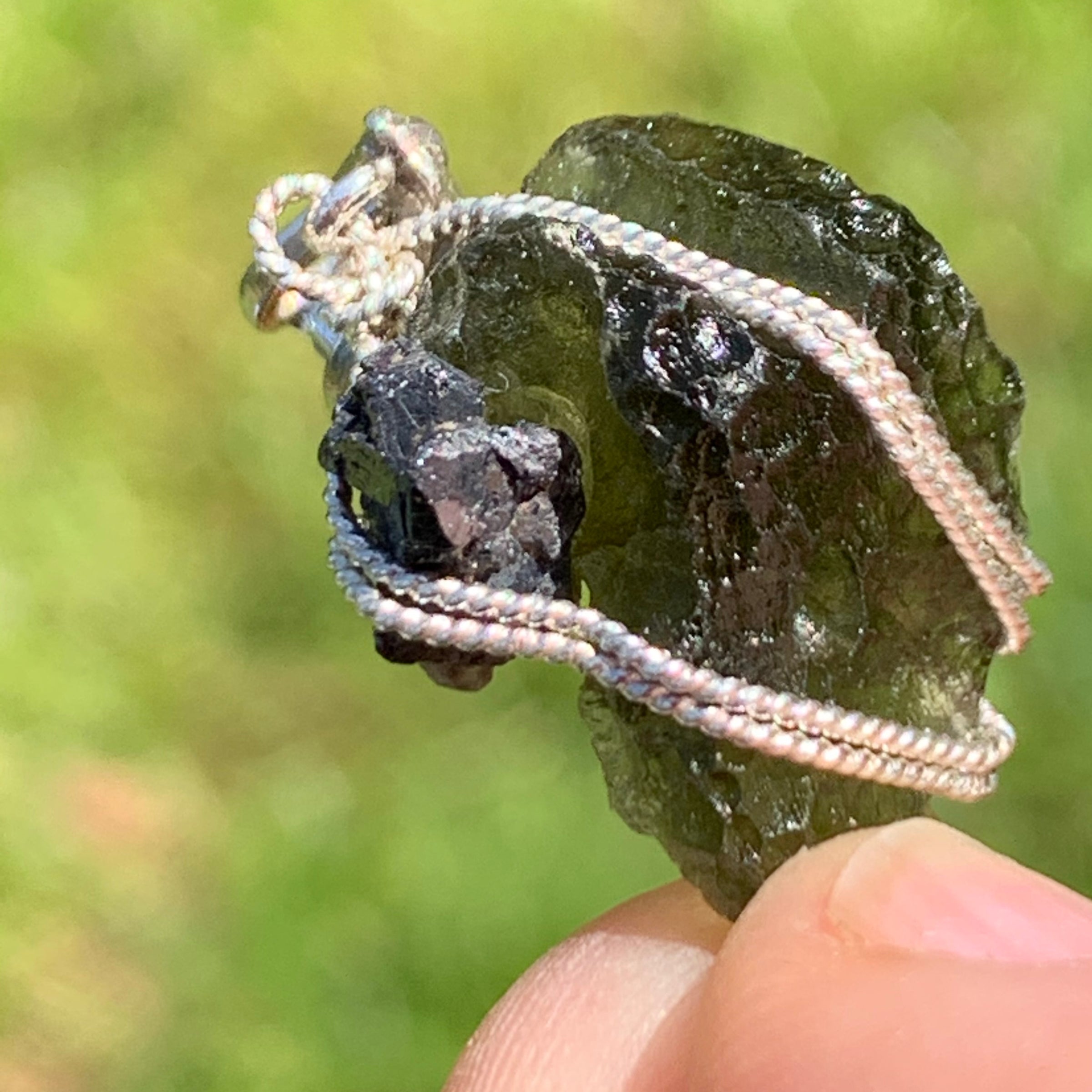 Moldavite Brookite Silver Wire Wrapped Pendant Raw Natural Genuine