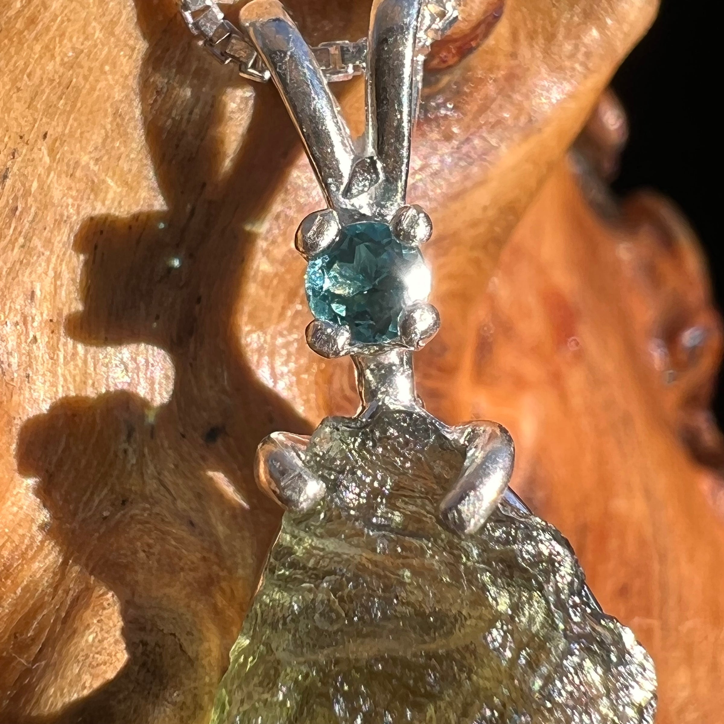 Moldavite & Blue Tourmaline Indicolite Necklace Sterling #3401