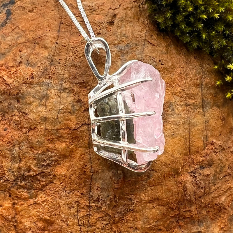 Crystallized Rose Quartz & Moldavite Necklace Sterling #2