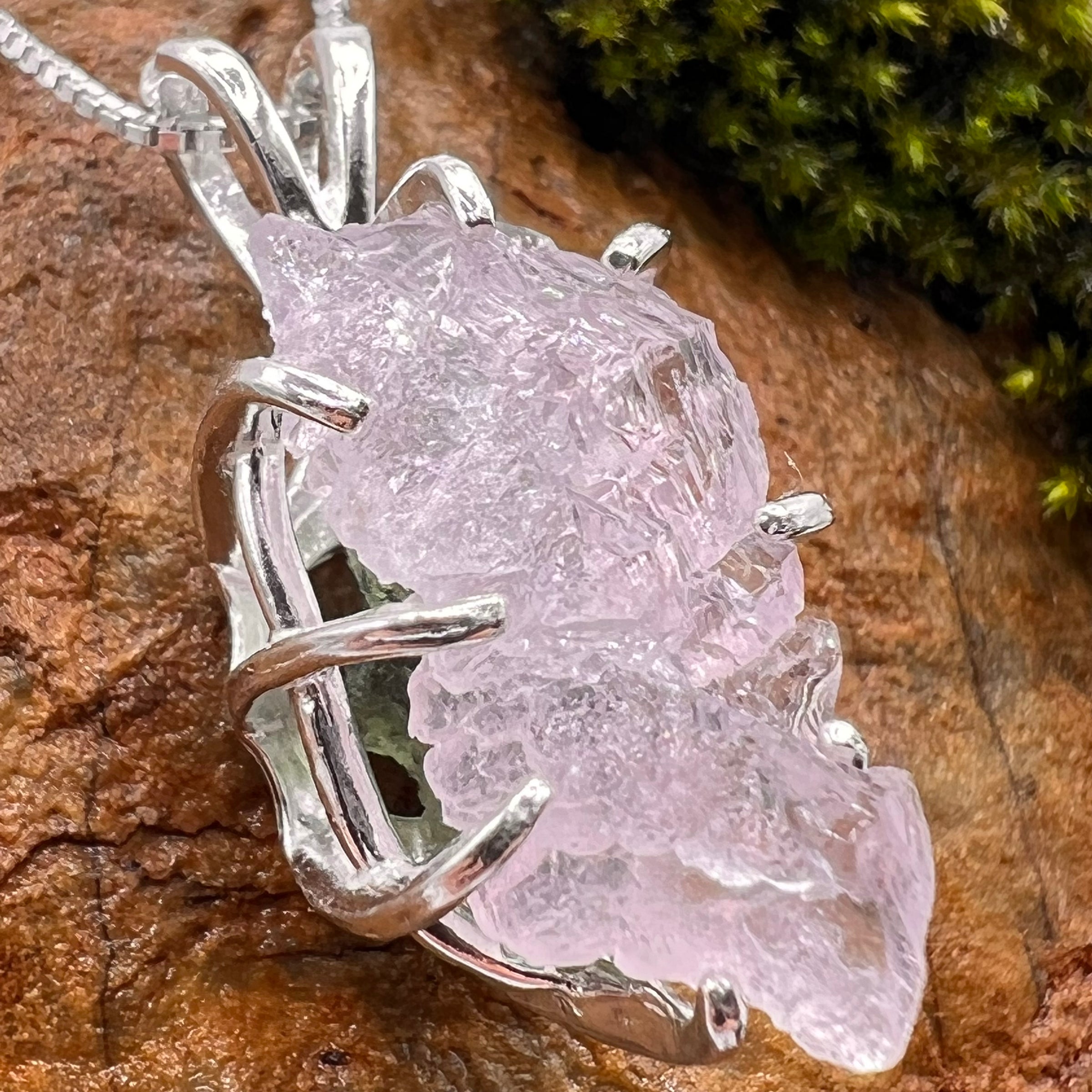 Crystallized Rose Quartz Moldavite Necklace Sterling #3