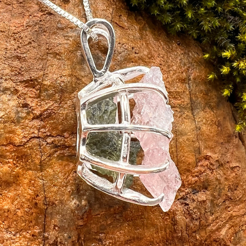 Crystallized Rose Quartz Moldavite Necklace Sterling #3