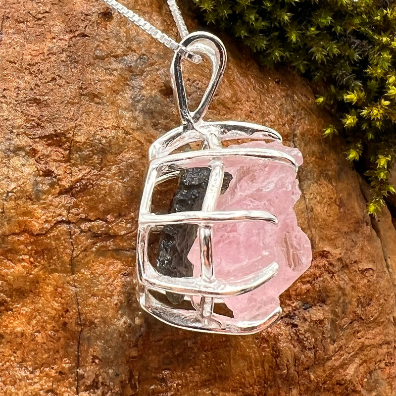 Crystallized Rose Quartz & Moldavite Necklace Sterling #4