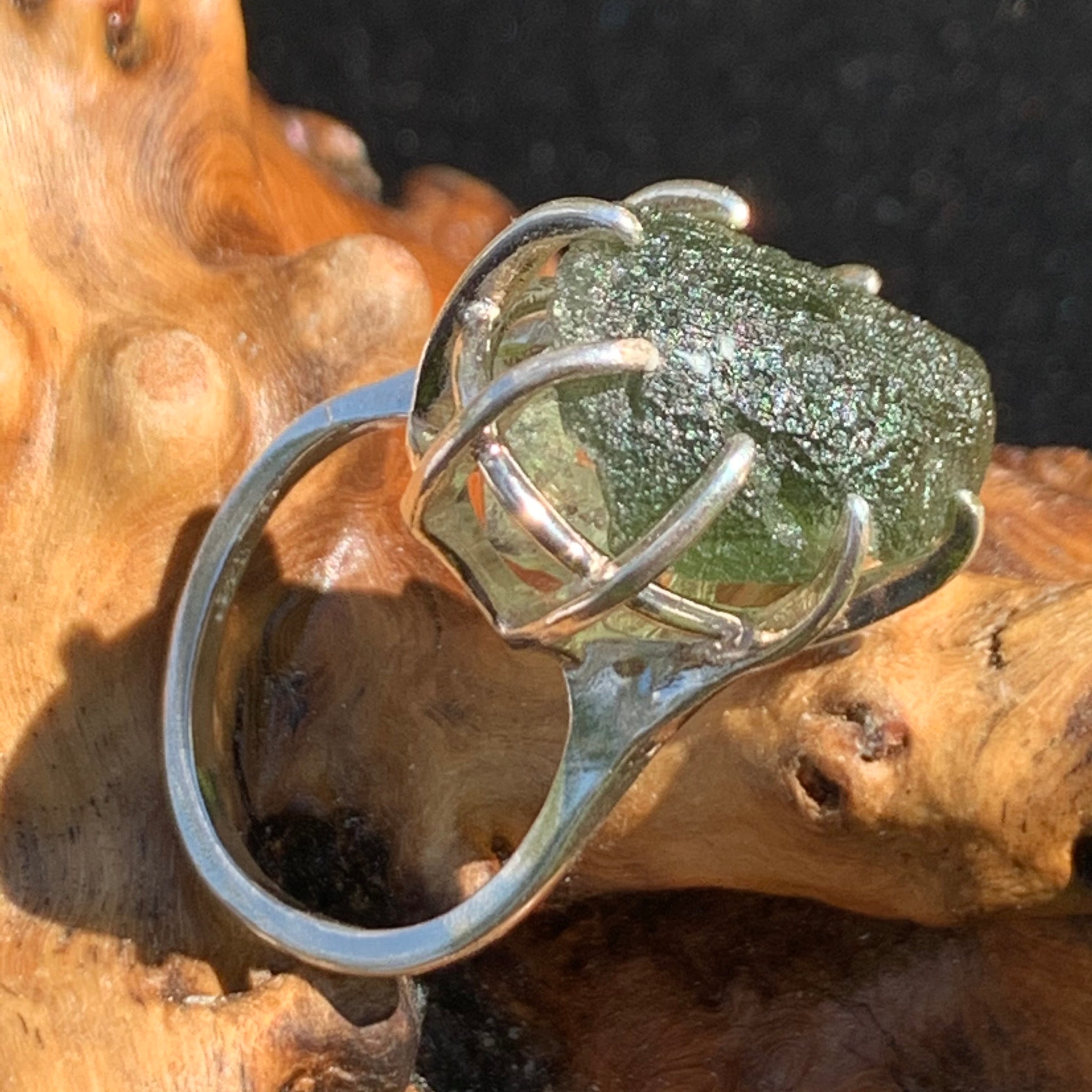 Moldavite Herkimer Diamond Silver Ring Size 7.5