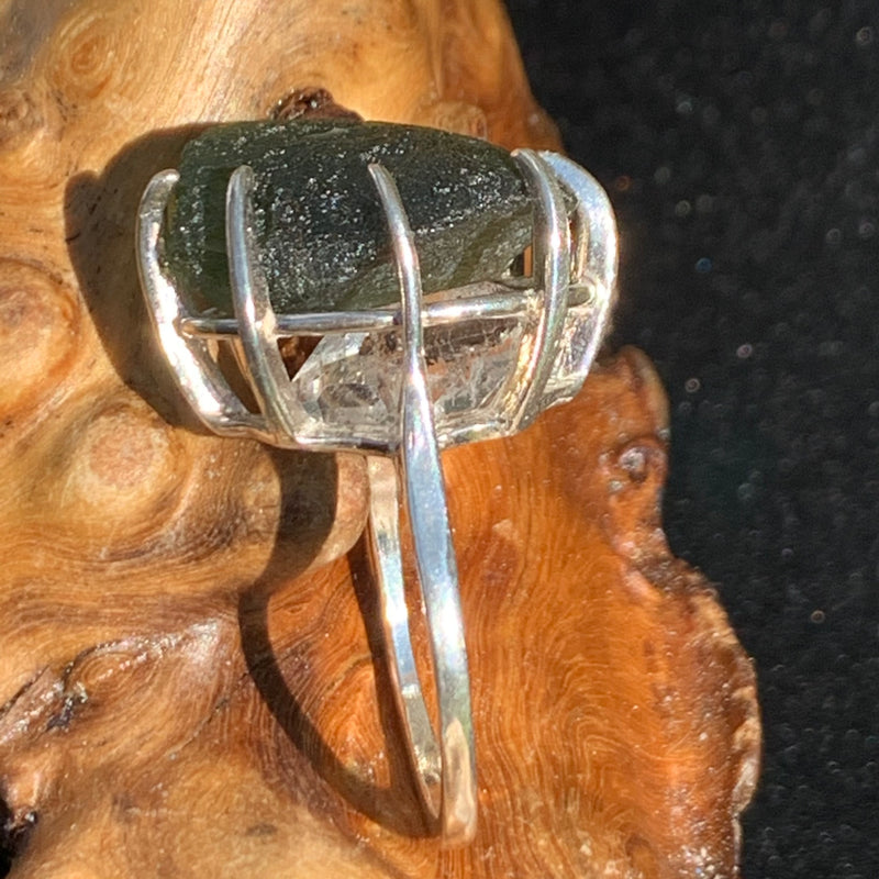 Moldavite Herkimer Diamond Silver Ring Size 7.5