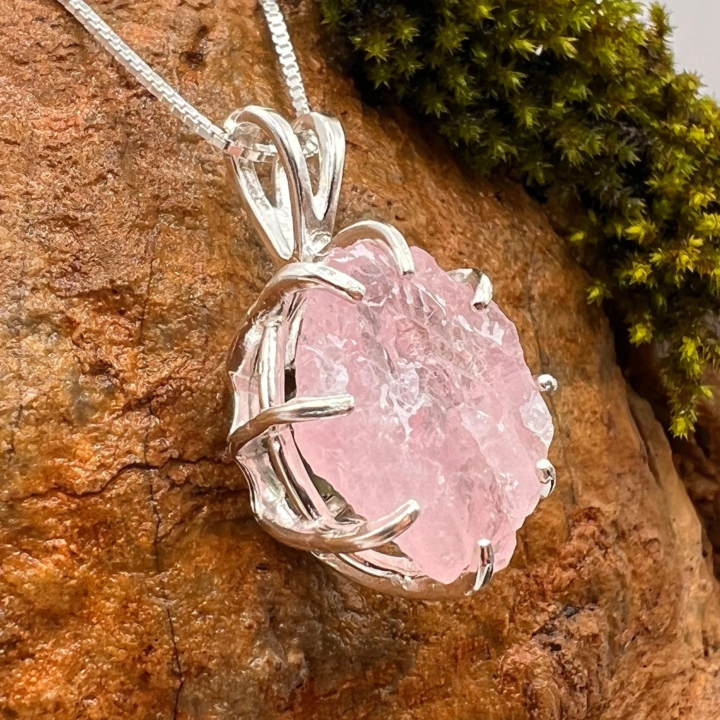 Crystallized Rose Quartz & Moldavite Necklace Sterling #7