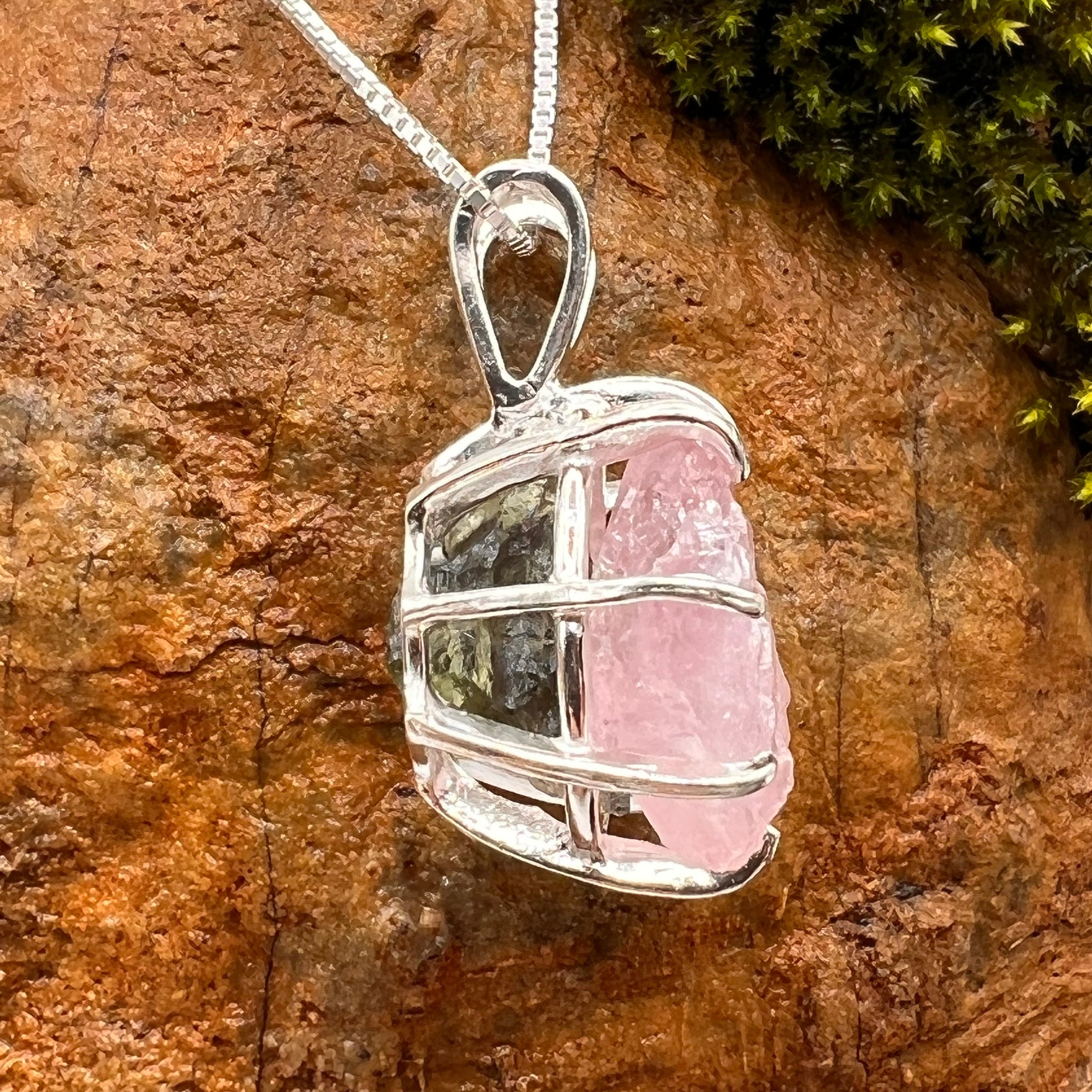 Crystallized Rose Quartz & Moldavite Necklace Sterling #7