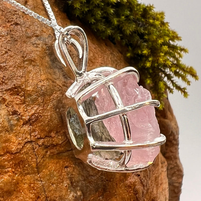 Crystallized Rose Quartz & Moldavite Necklace Sterling #7