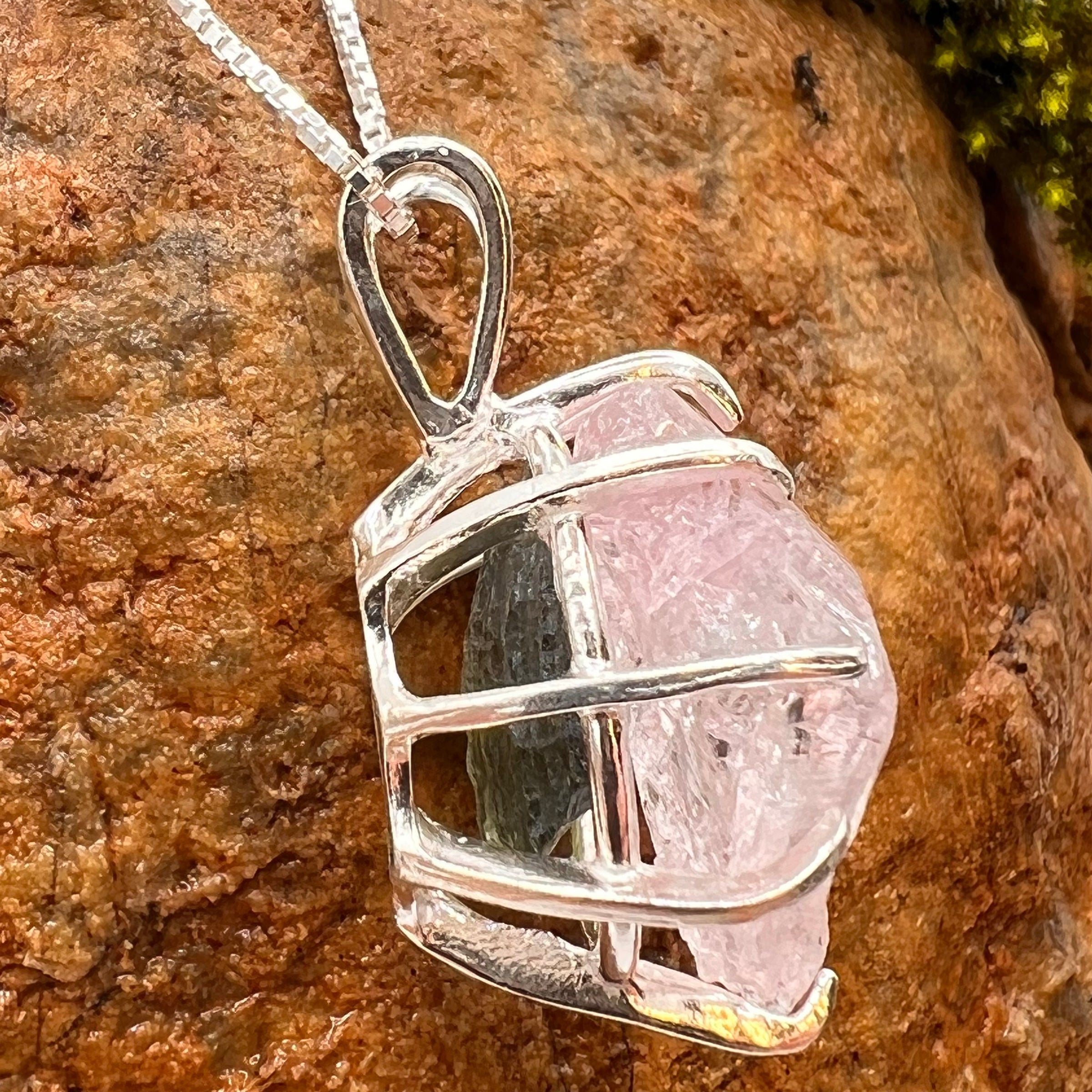 Crystallized Rose Quartz Moldavite Necklace Sterling #8