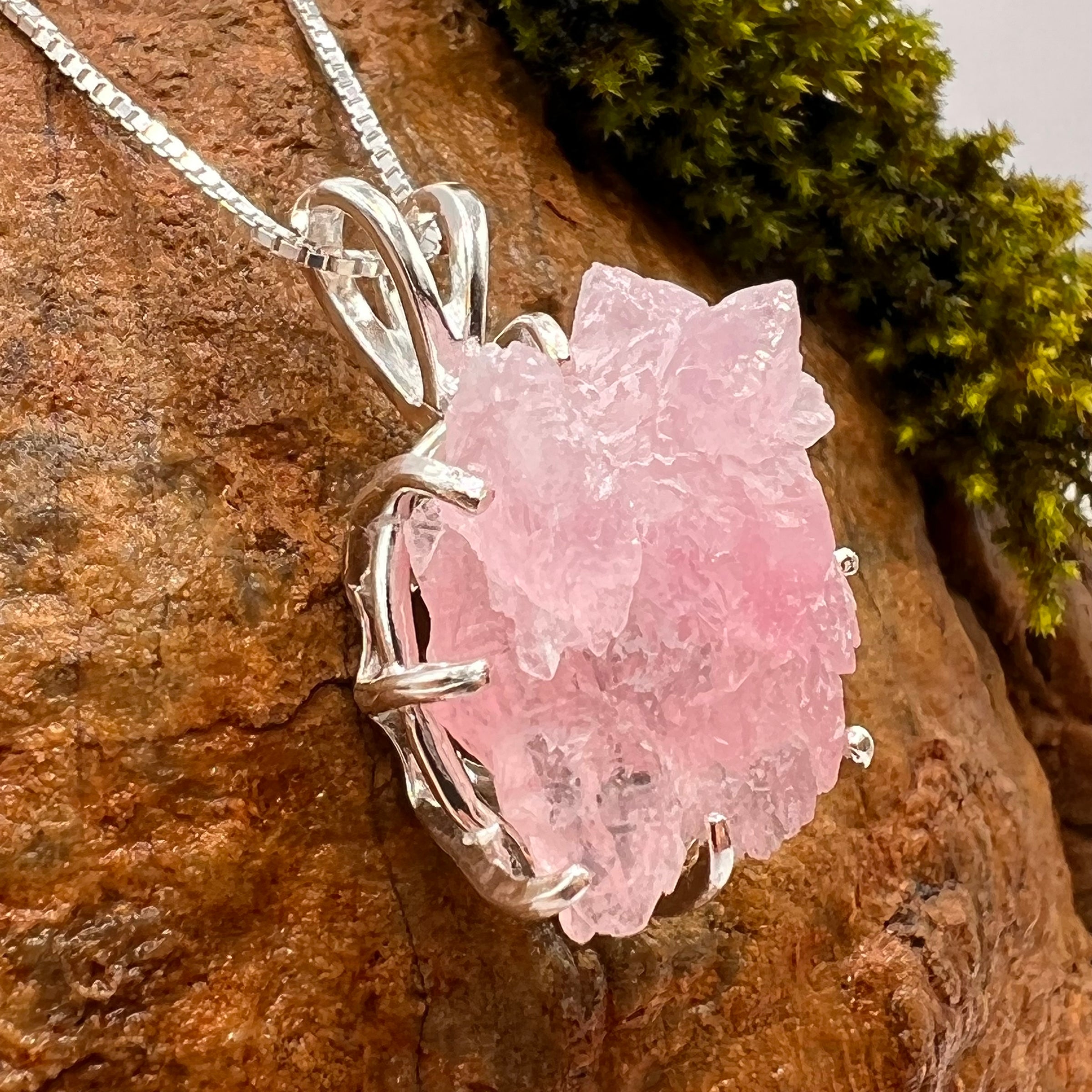 Crystallized Rose Quartz & Moldavite Necklace Sterling #9