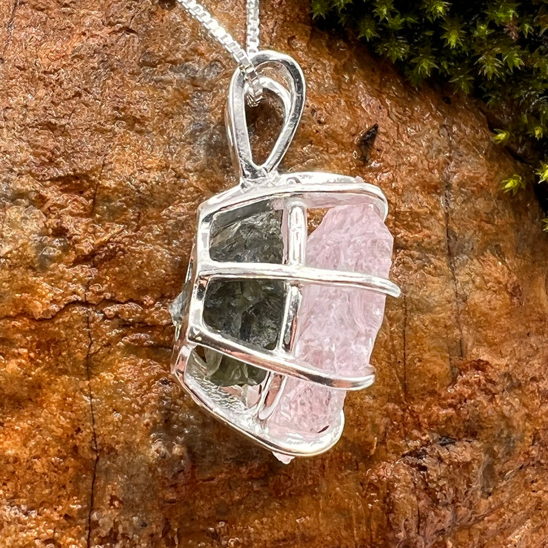 Crystallized Rose Quartz & Moldavite Necklace Sterling #10