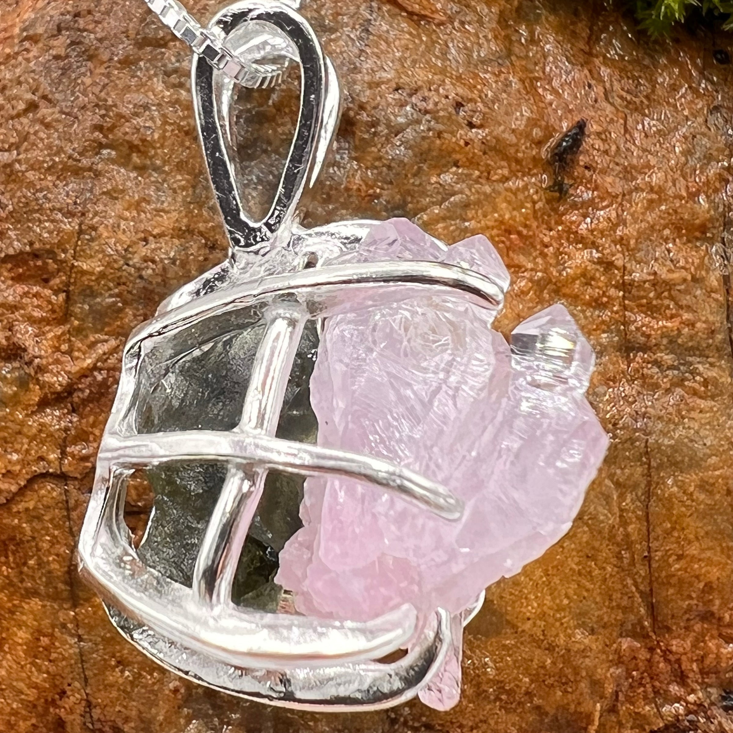 Crystallized Rose Quartz & Moldavite Necklace Sterling #11