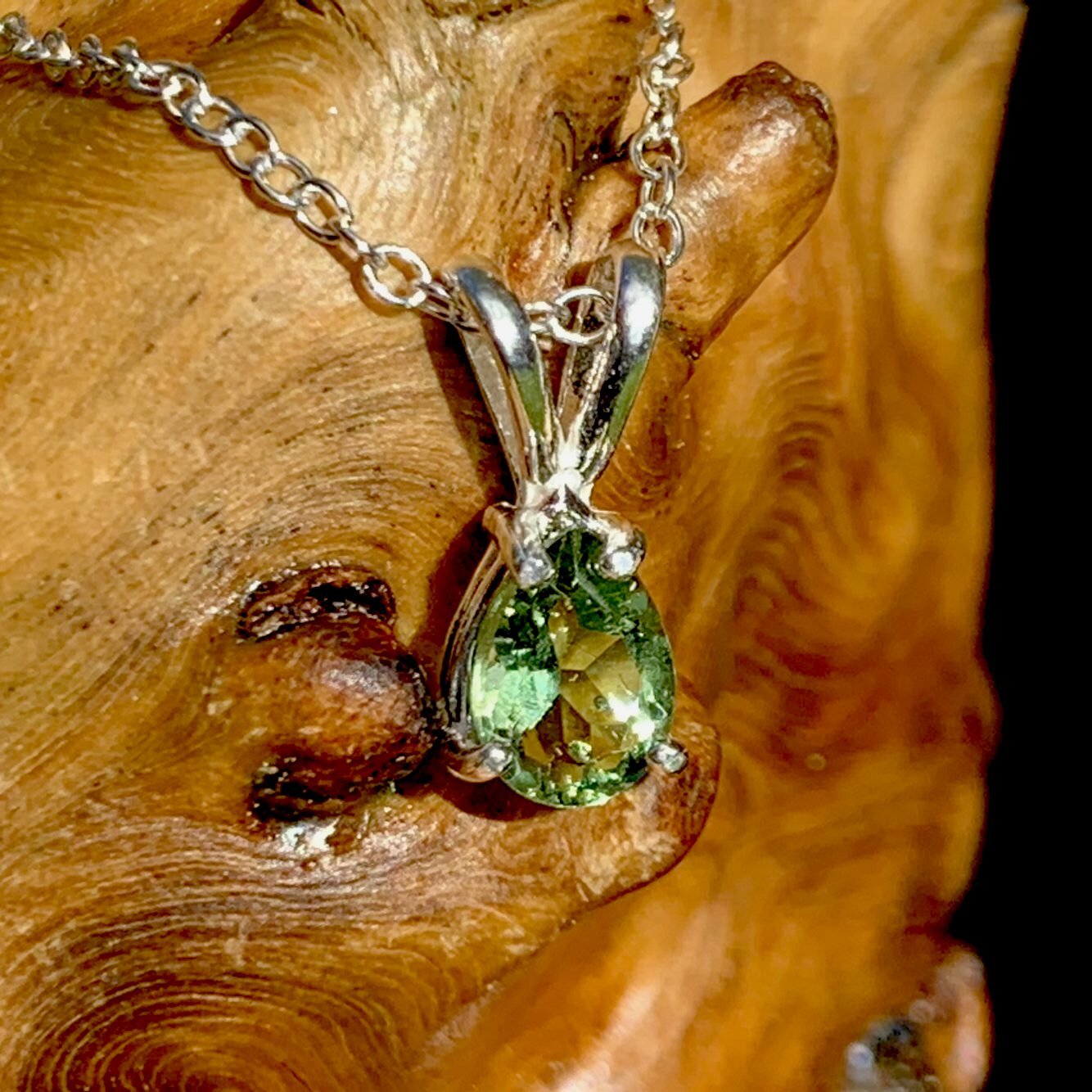Small Moldavite Pear Shaped Necklace Sterling Silver