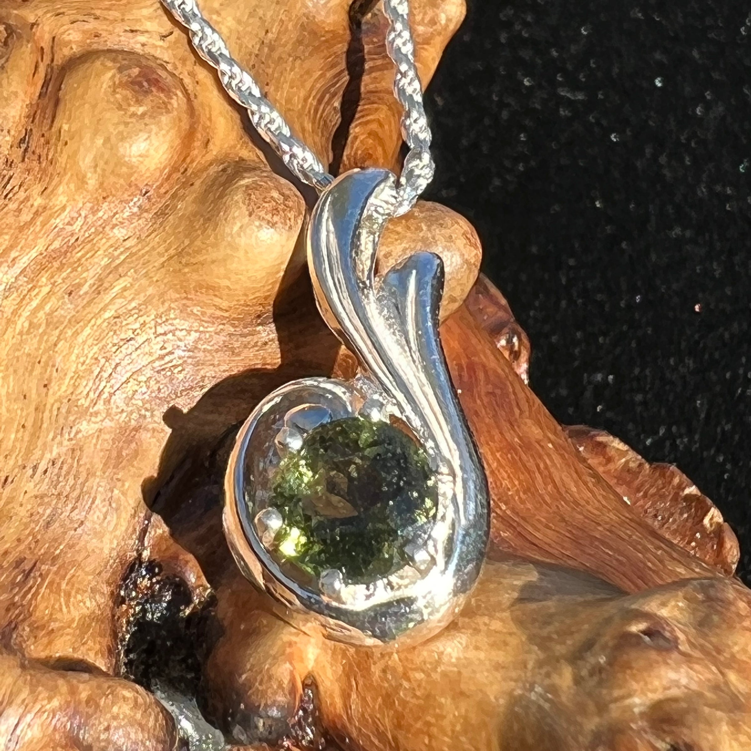 Moldavite Necklace Sterling Silver Faceted Swirl Drop-Moldavite Life