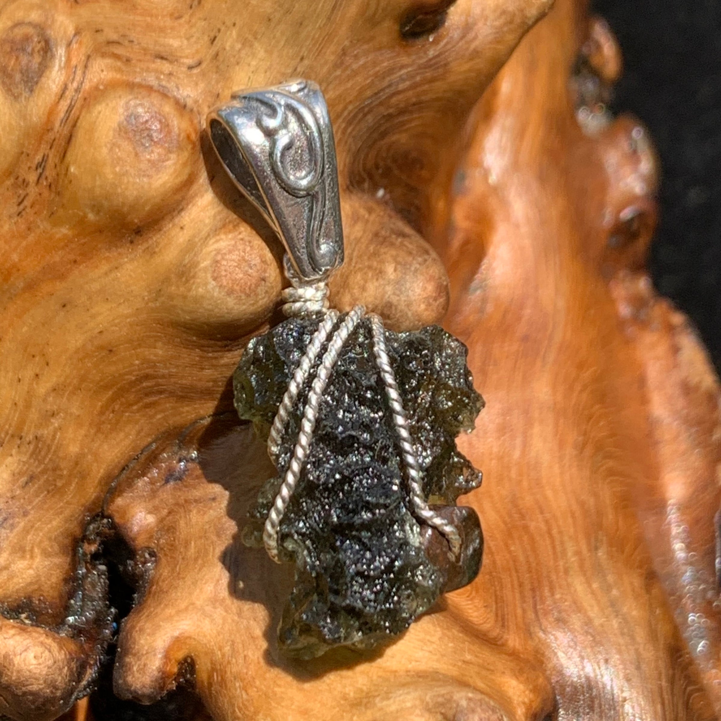 Moldavite Meteorite Bead Sterling Wire Pendant